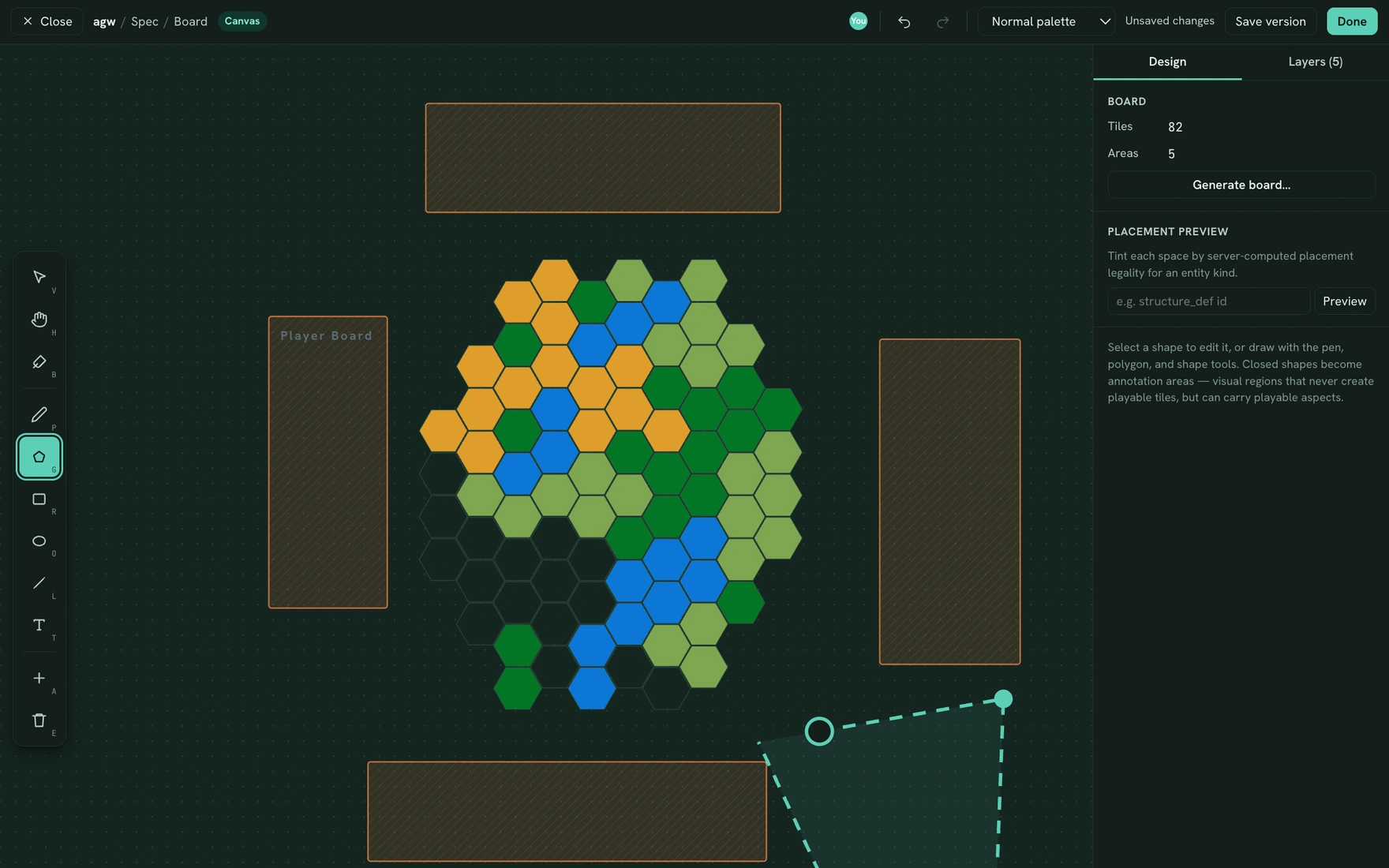 Board designer: The full-screen board canvas — terrain-painted hex tiles, dashed annotation areas, the drawing tool rail, and the Design panel counting 82 tiles across 5 areas.