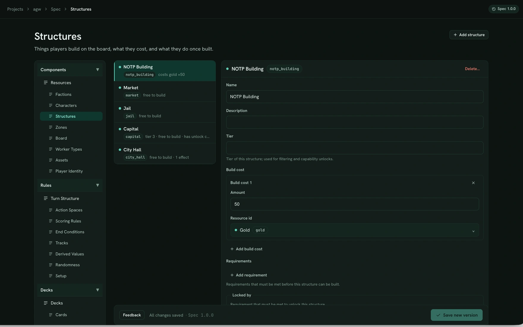 Component editors: The Structures editor — the spec’s section rail, the list of structures, and the typed detail form for the selected one.