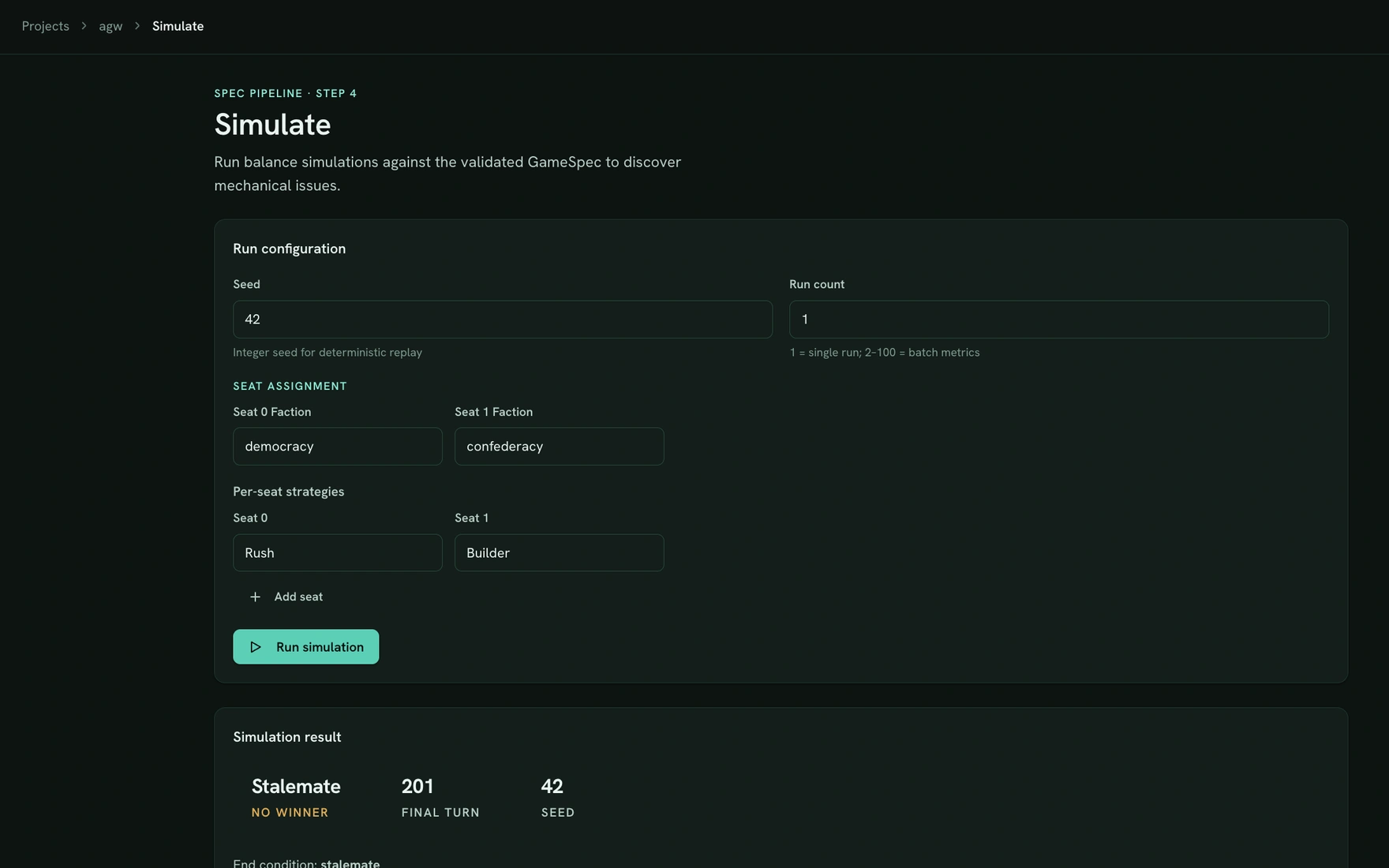 Simulator: The Simulate screen — seed, run count, per-seat factions and strategies, above the result of a finished run.