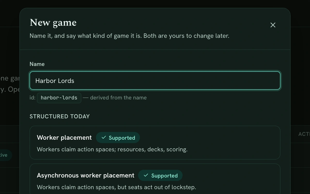 Choosing a kind of game: The New game wizard naming a game and offering kinds of game in plain words — worker placement, engine building, area influence — each with a badge saying how much of it Game Designer structures today.