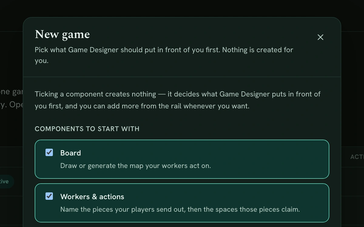 What to work on first: The second step of the wizard, listing the parts of a game in a designer’s words — board, workers and actions, resources and economy, decks and cards — each with a line saying what you would do there.