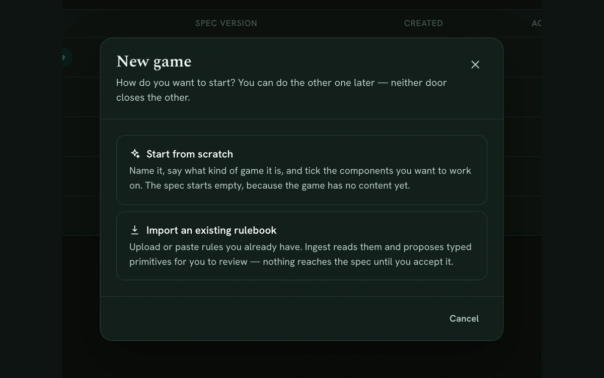 Starting a game: The New game dialog, offering two ways to begin: start from scratch, or import an existing rulebook.